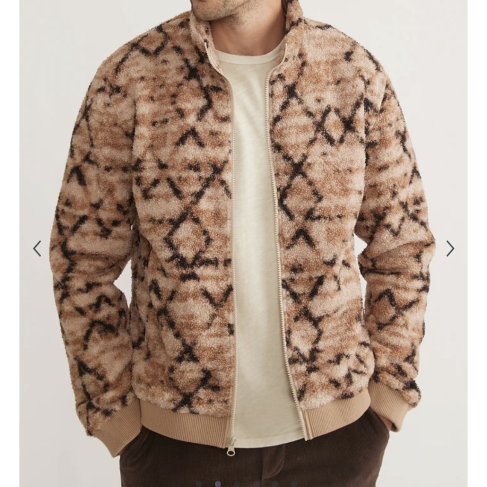 Marine Layer "Mason" Pattern High Pile Fleece Tan Geo Zip-Up Jacket Mens Large - Picture 2 of 13